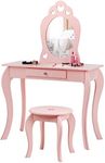 HONEY JOY Kids Vanity Set with Mirror, 2 in 1 Wooden Princess Makeup Vanity Dressing Table with Detachable Top, Toddler Vanity Set with Drawer & Stool, Pretend Play Vanity Set for Little Girls (Pink)