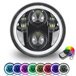 5.75" RGB HALO Headlight, ROCCS LED Black Motorcycle 5 3/4" Headlamp with White DRL Multicolor Angel Eyes fit Harley Davidson Dyna Sportster 883 72 48