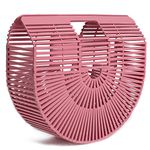 RULER TRUTH Women's Bamboo Handbag by Handmade Straw Bag,Tote Bamboo Purse Natural Basket Bag for Summer Beach…, Pink, Small