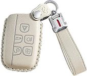 ontto Leather Car Key Fob Cover Keyring for Land Rover Defender Discovery Evoque LR4 Range Rover Sport Jaguar 5-Buttons Accessories Key Case Keychain Remote Key Shell Key Holder Protector Beige A