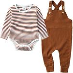 YUEMION Newborn Baby Boy Clothes,2Pcs Infant Boy Romper Bodysuit Spring/Summer Stripe Outfits +Bib Overall Pants(0-18 Month), Brown, 6-12 Months