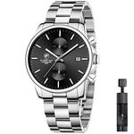 Affute Watches Men with Casual Waterproof Chronograph Quartz Watch Made of Stainless Steel and Metal, Auto Date in Colourful Hands - Silver Black