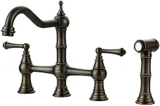 Bridge Kitchen Faucet with Side Sprayer, WOWOW Solid Brass Kitchen Faucet for Sink 4 Hole Antique Bronze Kitchen Sink Faucet, Two Handle 8 Inch Centerset Bridge Faucet Victorian Style