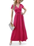 ANRILITA Maxi Dress for Women Wrap V Neck Short Sleeve Empire Pleated Waist Summer Casual Elegant Long Dress with Pockets, Rose Red, XX-Large