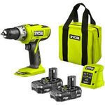 RYOBI 18V CORDLESS HAMMER DRILL .COMPLETE WITH X2 LITHIUM BATTERIES ,FAST GREEN SUPER LIGHTWEIGHT CHARGER AND RYOBI CANVAS TOOL BAG ,COMPLETE PROFFESIONAL KIT