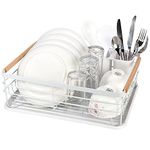 Vinsani Deluxe Dish Drainer Drying Rack with Wooden Handles Drip Tray Draining Board and Removable Cutlery Holder, Minimalist Dish Rack, 42.5 x 30.5 x 14cm (White)