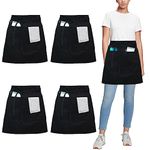 umboom 4 Pack Waist Apron, Black Chef Apron, Waiter Waitress Aprons with 3 Pockets, Catering Apron for Bistro Restaurant Gardening, Half Apron for Men and Women (Polyester Cotton)