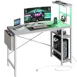 Bestier Gaming Desk with Power Outlets, 44 Inch LED Gamer Desk with 4 Tiers Reversible Shelves, PC Gaming Table with Headset Hook & Side Storage Bag Grey Carbon Fiber