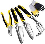 LANSONTECH 5 Piece Gardening Tools Set Including Transplanting Spade, Trowel, Cultivator, Pruner and Gardening Gloves, Garden Tools Kit with Heavy Duty Cast-Aluminium Heads & Ergonomic