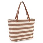 Victop Large Straw Bag Summer Beach Tote Bag Soft Tote Bag with Zipper Beach Handbag with Stripe Bohemian Woven Shoulder Bag for Women for Travel Gym Shopping Holiday Picnic (Khaki)