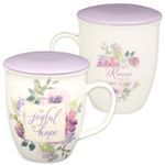 Christian Art Gifts Encouraging Scripture Ceramic Coffee and Tea Mug with Lid for Women: Be Joyful in Hope - Romans 12:12 Inspirational Bible Verse Novelty Beverage Cup, Purple Lavender Floral, 12 oz.