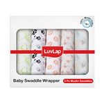 LuvLap 100% Cotton Muslin Baby Swaddle Set, Pack of 5, Size-120cm x 100cm (47"x39"), Animals & Floral Printed on white, 0-18 Month+, Printed Mulmal Muslin Swaddle Wrap for New Born Baby