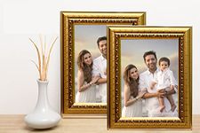 KDM HOME DECOR Photo Frame 4X6 Inch Set Of 2 Flexible Glass & Synthetic Wood Hanging/Table Top Rectangular Photo Frame For Wall Decoration Golden Color With Stand