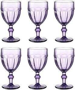 EAST CREEK | Set of 6 Colored Glass Goblets | Vintage Drinking Glasses Set of 6 | 8.5 oz Embossed Design | Drinking Glass with Stem | Wedding Glass (Violet)