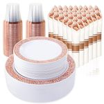 350 Piece Dinnerware Set for Wedding & Party,50 Guest Lace Design Plastic Plates,50 Plastic Silverware,50 Cups,50 Linen Like Napkins,50 Guest Disposable Dinnerware Set (Rose Gold)