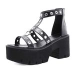 Womens Chunky Goth Sandals Gladiator Buckle Ring Roman Shoes Platform Anti-Slip Back Zip Peep-Toe Punk Sandals Summer Size 2.5-8 UK (Black1,4)