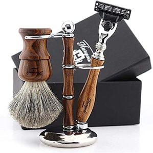 Haryali London Juego de afeitado – Maquinilla de afeitar – Brocha de afeitar de pelo de tejón – 3 bordes – Maquinilla de afeitar – Juego de maquinilla de afeitar de madera – Juego de 3 piezas