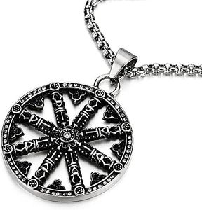 COOLSTEELANDBEYOND Grande Dharma Rueda Chakra Símbolo Budista, Collar con Colgante de Hombre Mujer, Acero Inoxidable, Cadena 75CM