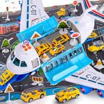 Bennol Spray Airplane Toys for Boys, Large Transport Cargo Airplane with 6 Construction Vehicle 10 Road Signs 1 Play Mat, Plane Toy with Lights Sounds, for Boys Age 3 4 5 6