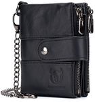 BULLCAPTAIN Genuine Leather Men Wallet with Anti-Theft Chain Large Capacity Double Zipper RFID Coin Purse with 2 ID Window, Black, 4.72"x3.54'x0.98", Classic