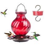 Auslar Hummingbird Feeder, 26 Ounces Glass Hummingbird Feeder, Red Hummingbird Feeders for Outdoors Hanging, 5 Flower Feeding Ports, Rustproof, Leakproof, Netted Flower Bud Shape Bottle