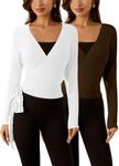 SweatyRocks Women's 2 Pack Yoga Shirts Wrap Ruched Tie Front Long Sleeve Workout T Shirts Brown and White Small