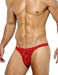 Casey Kevin Men's Thongs Underwear Sexy Low Rise G-Strings Lace See Through Thong Red M