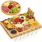 Charcuterie Boards Premium Gift Set - 15 Pieces, Bamboo - Large Cheese Board Plus Fruit Tray for Birthday Party Present w/Magnetic Cheese Knives Holder, Fruit Forks & Ceramic Condiment Dishes