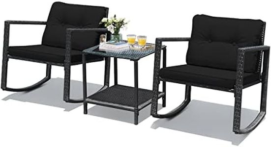 Costway 3 Pieces Patio Rocking Chair Outdoor Rattan Wicker Rocking Bistro Set w/Cushioned Seat, Conversation Set w/Glass Coffee Table and Storage Shelf for Balcony Porch Poolside (Black)