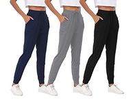 BVNSOZ Joggers for Women with Pockets Drawstring Sweat Pants for Yoga Running Workout, 3 Pack Black, Dark Grey, Navy Blue, Large