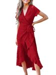 CUPSHE Women Summer Wrap Maxi Dress Casual Split Flared Sleeve V-Neck Ditsy Dress Tie Waist Ruffle Beach Dress Ruby Red S