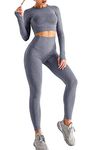 EUTOB Seamless 2 Piece Outfits Workout Yoga Gym Long Sleeve Tops and Trousers Jumpsuit Set Grey