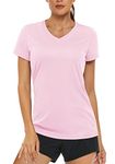 MAGCOMSEN Womens T Shirts V Neck Short Sleeve Lightweight Sun Protection Quick Dry Elastic Yoga Shirts Light Pink,XL