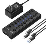 FIDECO Powered 10-Port USB Hub, USB 3.2 Gen 1 Data Hub with Independent On/Off Switch, USB Splitter with USB C to C Cable, USB A to C Cable and 12V 4A Power Adapter