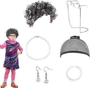 XMANX 7 Pcs/Set Old Lady Dress Up Set，Cosplay Grandmother Accessories Granny Costume Wig Adult Kid Halloween Masquerade Party Witch Decoration Event(Black White Afro)