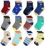 12 Pairs Toddler Non Skid Socks with Grips Anti Slip Bottom, Cotton Non Slip Ankle Crew Socks for Boys, Girls, Kids(3-5Years)