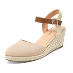 PIZZ ANNU Womens Wedge Sandals Ankle Strap Ladies Espadrilles Wedges Summer Buckle Mid-Heel Platform Closed Toe Shoes Size 3 Nude