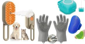 Bekin 4‑in‑1 Pet Grooming Set – Bath Brush Steam Brush 3 in 1 Water Brush Brush + Silicone Bath & Massage Tool + Adjustable Rubber Bath Scrubber + Bath Gloves – for Dogs & Cats