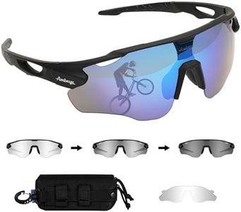 AMBEYE Photochromic Cycling Sunglasses with Interchangeable Lenses & Zipper Hard Case Revo Mirror Neon Blue MTB Baseball Running Triathlon Women Men
