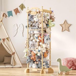 COSYLAND Stuffed Animal Storage Organizer for Kids Room - Large Pine Wood Plush Toy Holder with Elastic Cords & Nameplate - Cute Castle Toy Zoo for Toddler Room & Corner (Colorful Chain)