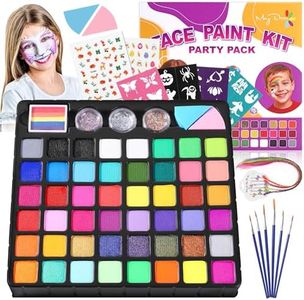 Maydear 48-Color Face Paint Kit for Kids – Washable Makeup with Neon & Metallic Shades, Brushes, Stencils, Rainbow Strip, Hair Extensions & Nail Stickers for Parties & Halloween