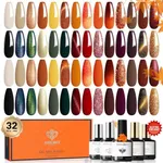 modelones 32 PCS Gel Nail Polish Set, 28 Colors Fall Gel Polish with No Wipe Base Coat, Glitter & Glossy & Matte Top Coat Yellow Orange Brown Nude Glitter Soak Off LED Nail Art Kit Salon at Home