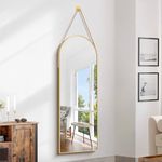 KOCUUY Arched Full Length Mirror with Hanging Leather Strap, 16"x48" Gold Metal Frame Hanging Mirror, Large Full Body Arch Mirror Wall Door Mirror for Bathroom Vanity Living Room Bedroom Entryway