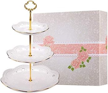 BonNoces 3-Tier Porcelain Embossed Cupcake Stand - Pure White Rimmed with Gold Dessert Cake Stand - Pastry Serving Tray Platter for Tea Party, Wedding and Birthday