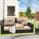 DWVO 2-Seats Wicker Hanging Porch Swing Chair Outdoor Black Rattan Patio Swing Lounge w/ 2 Back Cushions Capacity 530lbs for Garden, Balcony, Living Room, Beige