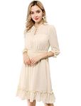 Allegra K Women's Ruffle Hem 3/4 Sleeve Smocked A-Line Short Chiffon Dress Beige L-16