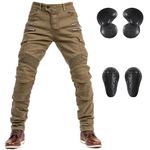 LOMENG Motorcycle Riding Pants Motorbike Motocross Cycling Jeans Safety CE Knee Hip Removable Armored All Seasons for Men Khaki 36