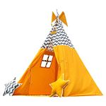 Play Tents Yellow Teepee Kids Tent for Three Kids, 2 Star Shape Cushions Free, Double Layered Floormat, Matching Flags, Carry Bag Indoor & Outdoor Play Tent for Girls & Boys (122cm x 122cm x 151cm)