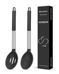 2 Pcs Silicone Cooking Spoons, Solid and Slotted Spoon Set, Non-Stick BPA Free Heat-Resistant Basting Kitchenware for Soup, Serving, Draining, Stirring（Black）