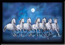 LIFEHAXTORE® Seven Lucky Running Vastu Horses Art Framed Painting - (Ocean Blue, 12 Inch x 18 Inch)